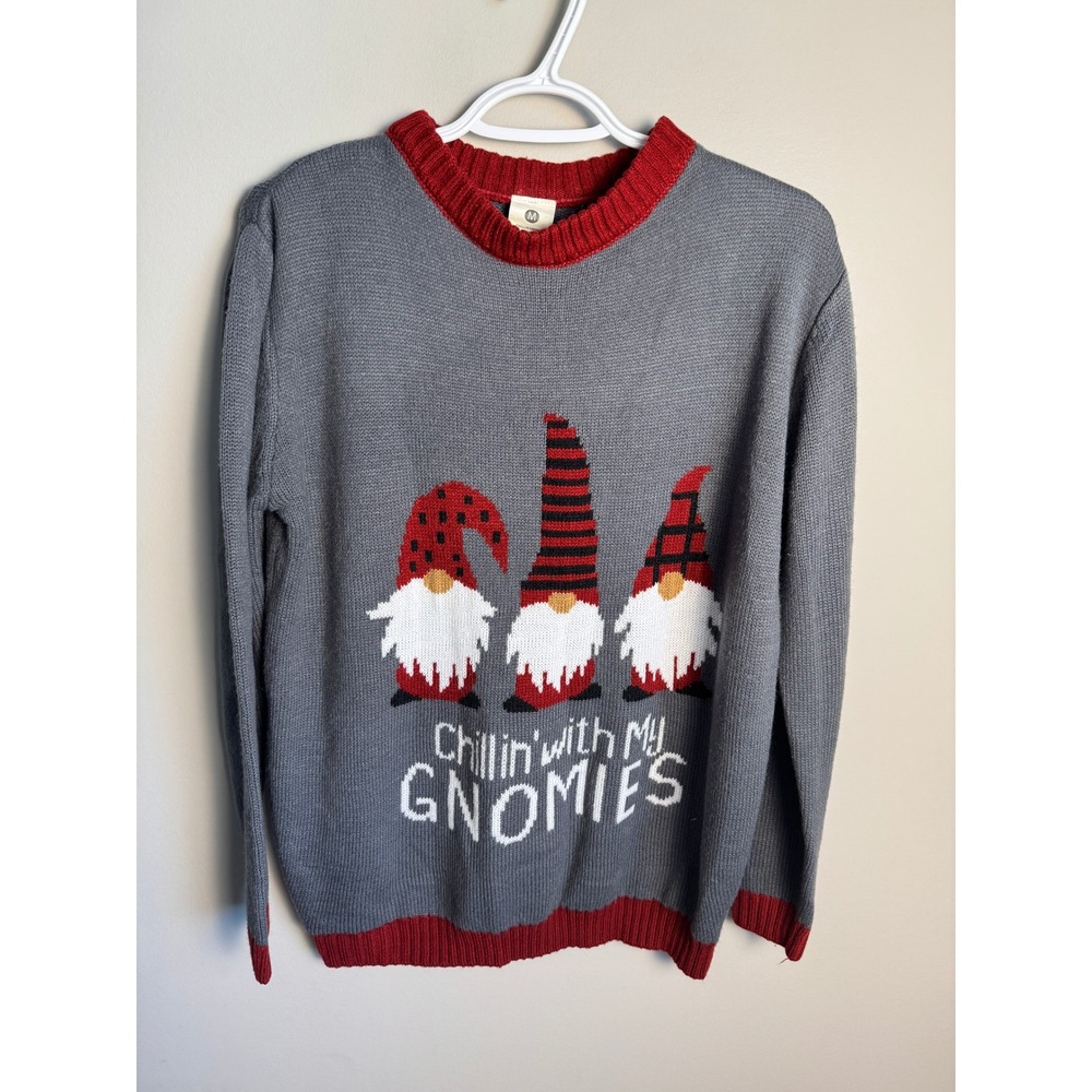 Chillin Gnomies Mens Grey Red Ugly Christmas Sweater M Holiday Party Gnomecore